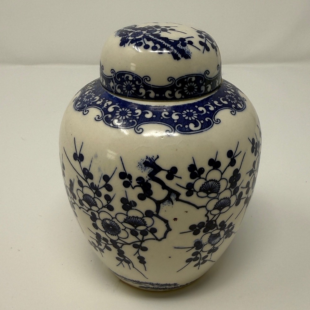 Vintage Japan Blue and White Ceramic Ginger Jar Floral Cherry Blossom 5 inches